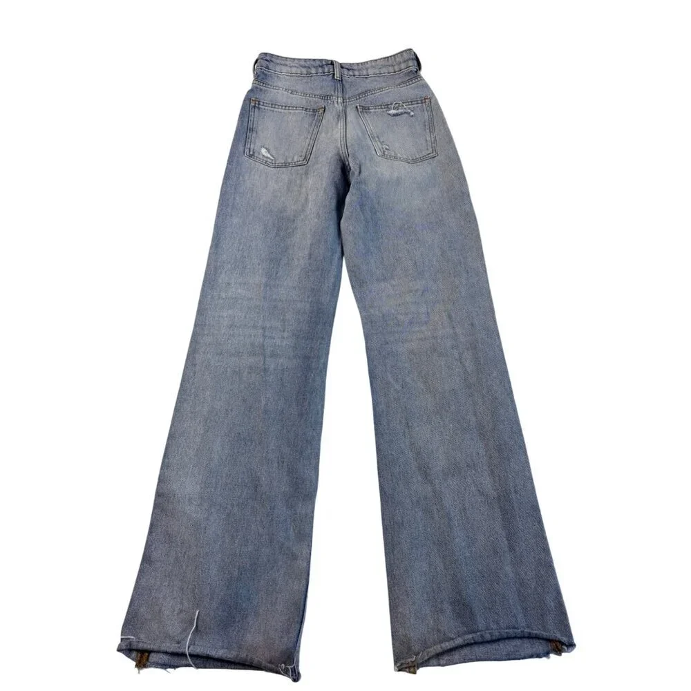 Zara Womens Distressed Straight-Leg Light Wash Denim Jeans SZ 4 Raw Hem - Picture 2 of 9